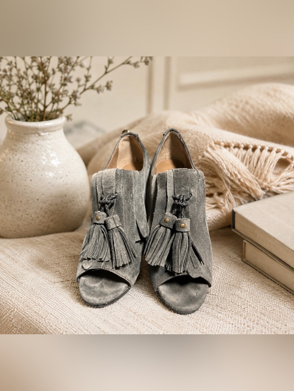 Anyi Lu gray suede sedge peep toe  bootie shoe